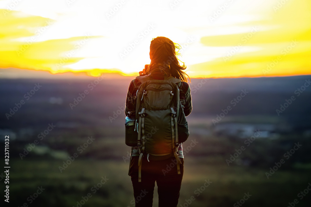 Young attractive backpacker girl at scenic sunset