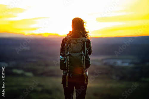 Obraz na płótnie Young attractive backpacker girl at scenic sunset w salonie