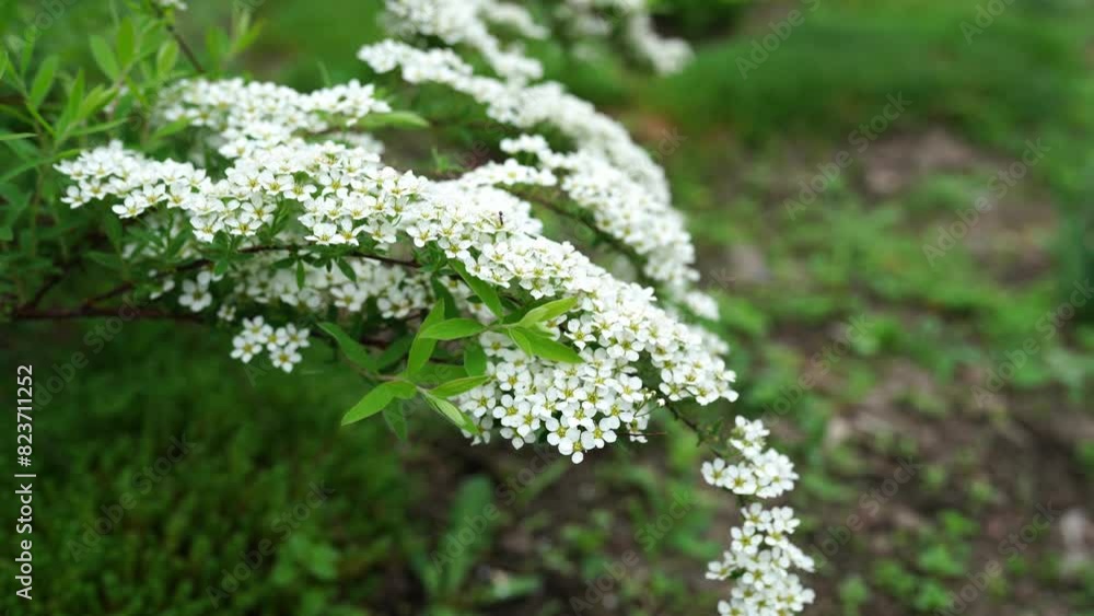 White buds and flowers on the branches of the Spirea shrub. White buds and flowers on the branches of the Spirea shrub.