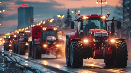 Line of tractors on a busy city road at dusk.