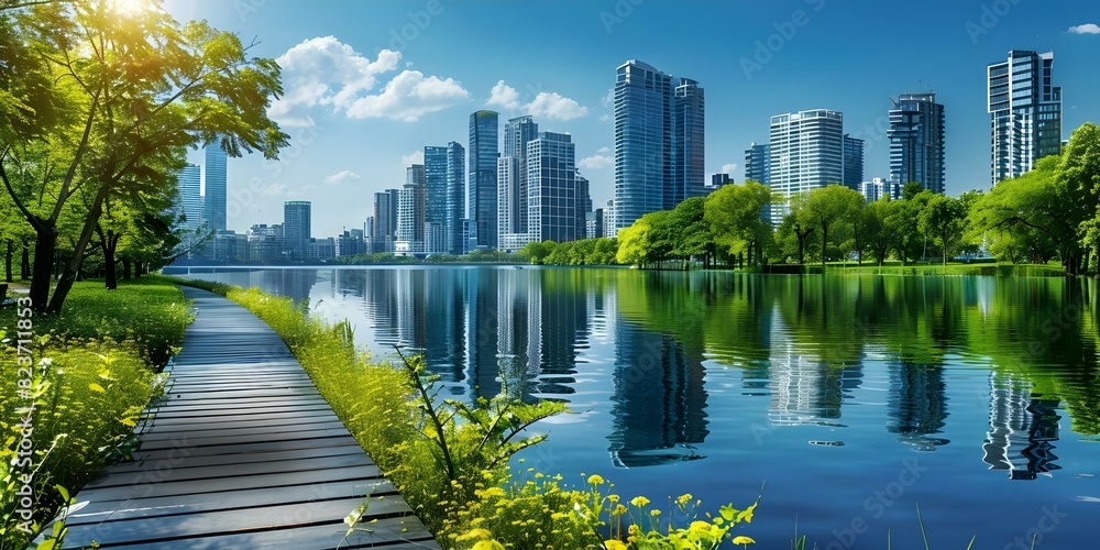 Ecofriendly city with renewable energy aims for carbon neutrality by 2050. Concept Renewable Energy, Eco-Friendly City, Carbon Neutrality, Sustainable Development, Energy Transition