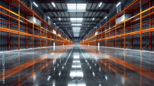 Modern warehouse with orange shelves and reflective floor lighting.