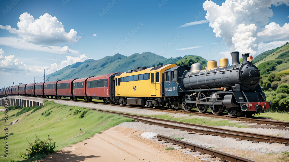 Cartoon train crossing tracks with sky background, Bela vista, Beautiful animation, Detalhes ricos, Generative Ai Cartoon train crossing tracks with sky background, Bela vista, Beautiful animation, Detalhes ricos, Generative Ai