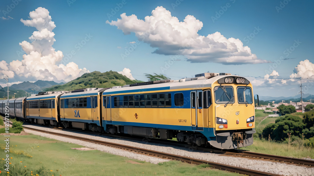 Cartoon train crossing tracks with sky background, Bela vista, Beautiful animation, Detalhes ricos, Generative Ai Cartoon train crossing tracks with sky background, Bela vista, Beautiful animation, Detalhes ricos, Generative Ai