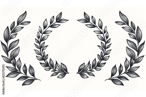 Four white and black laurel wreaths for prizes and awards. Generative Ai photo