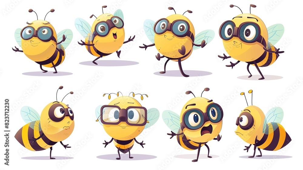 A fun collection of cartoon bees showing a variety of emotions and actions - ideal for educational and creative use
