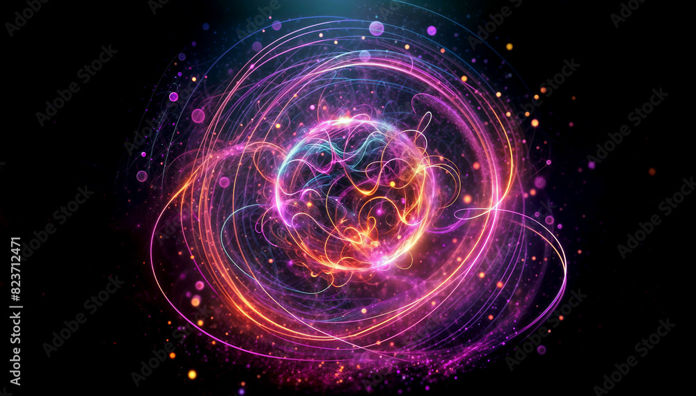 Obraz premium An abstract neon energy sphere composed of particles and waves, glowing magically on a dark background. Circle and loop frames with mystical purple and pink flames and sparks isolated on the backgroun