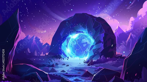 Mystical portal in an enchanted alien landscape under the starry sky
