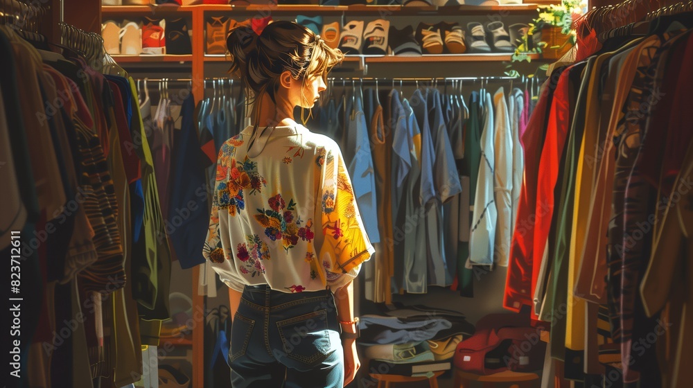 A woman is standing in front of a closet packed with various clothing items.