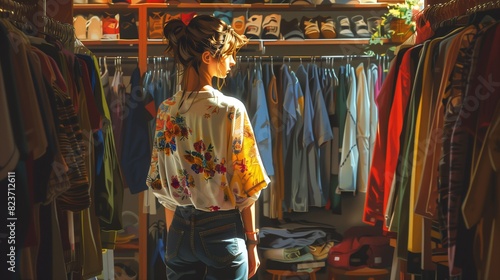 A woman is standing in front of a closet packed with various clothing items.