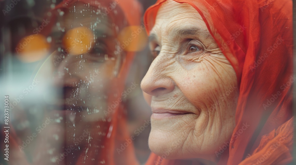 Old Muslim female with red headscarf smiling while looking out of window