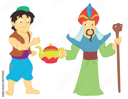 Aladdin with lamp and king vector illustration