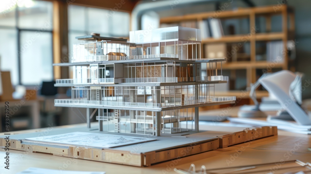 An intricate architectural model is showcased with detailed floor plans, set upon a wooden table in a professional's studio An intricate architectural model is showcased with detailed floor plans, set upon a wooden table in a professional's studio