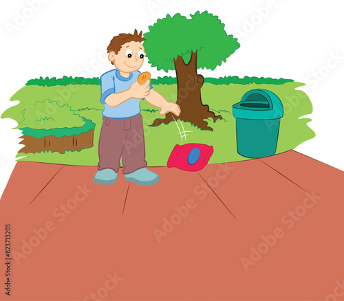 Boy eating biscuit and throwing wrapper on road