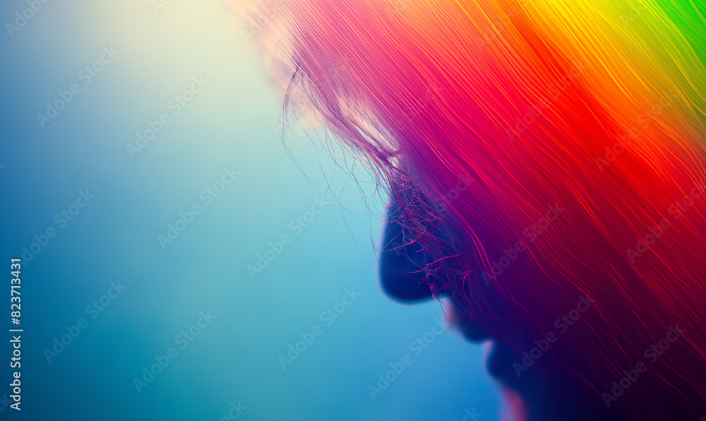 Woman with vibrant hair gazes into a colorful mirror with long, bright hair, AI-generated.