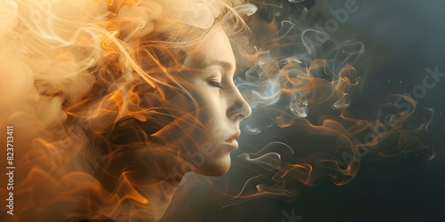 Navigating Mental Health Struggles: Young Woman Amidst Cloud of Smoke. Concept Mental Health, Struggles, Young Woman, Smoke, Coping Strategies