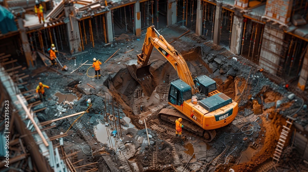 An excavator is working on a construction site in a busy urban area on a sunny day. An excavator is working on a construction site in a busy urban area on a sunny day.