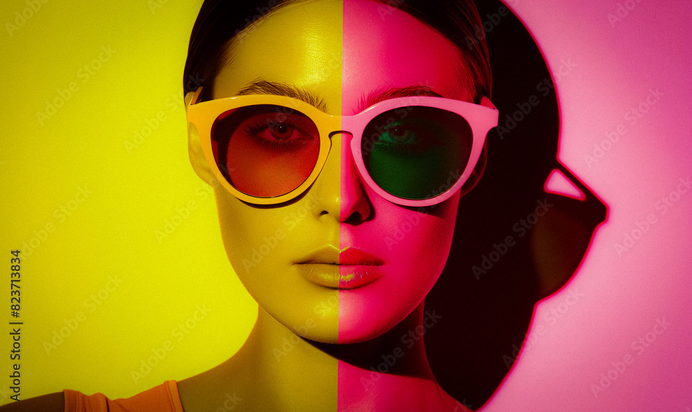 Woman with vibrant yellow and pink eyes, AI-generated. Woman with vibrant yellow and pink eyes, AI-generated.