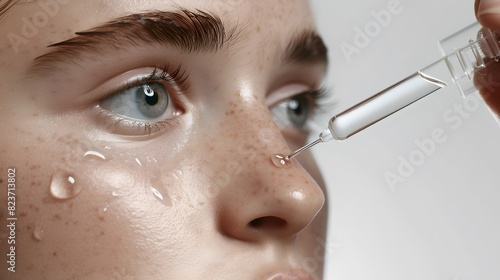 Close-up of woman's face with serum dropper. Skin care and beauty concept. This is a stock photo suitable for health and wellness blogs. AI photo