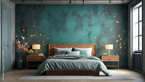 Wallpaper Mural Bedroom interior rusty stone wall with floral framing and furniture Torontodigital.ca