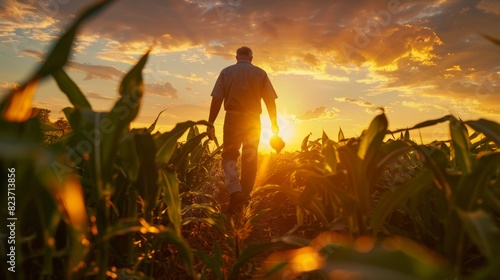Sunset over cornfield with man carrying corn low angle view.