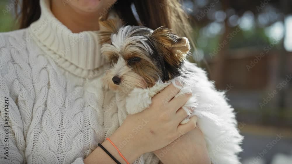 A young woman lovingly holding her biewer terrier on an urban street