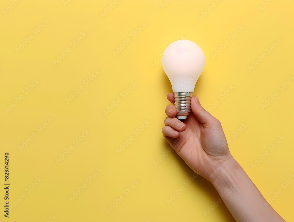 A hand holding a light bulb. The light bulb is white and the background is yellow. Concept of brightness and illumination A hand holding a light bulb. The light bulb is white and the background is yellow. Concept of brightness and illumination