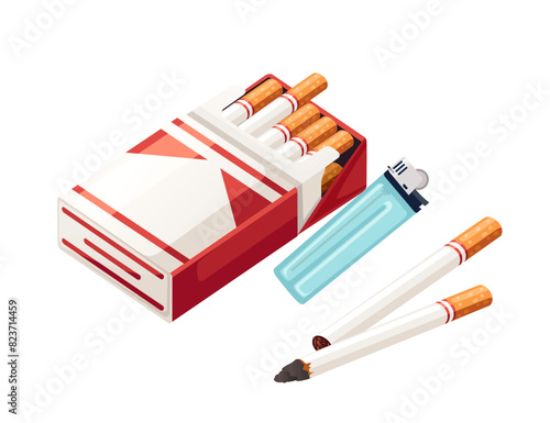Cigarette in cardboard box with lighter vector illustration isolated on white background