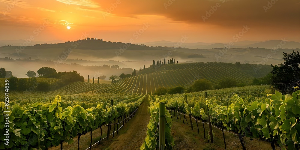 Golden Hour in Tuscany's Renowned Vineyard Producing Italy's Finest Wines. Concept Golden Hour, Tuscany, Vineyard, Fine Wines, Italy