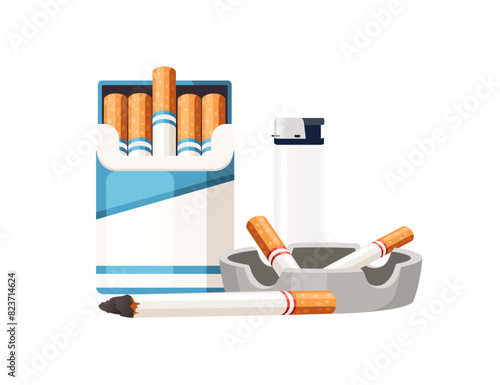 Cigarette in cardboard box with ashtray and lighter vector illustration isolated on white background © An-Maler