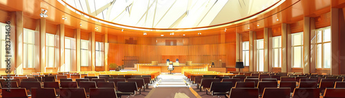 City Council Chambers: A spacious room adorned with ornate chandeliers and a large seal on the carpet, featuring a dais for the mayor's throne and rows of seats for city council members.