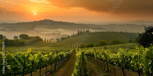 Golden Hour in Tuscany s Renowned Vineyard Producing Italy s Finest Wines. Concept Golden Hour  Tuscany  Vineyard  Fine Wines  Italy