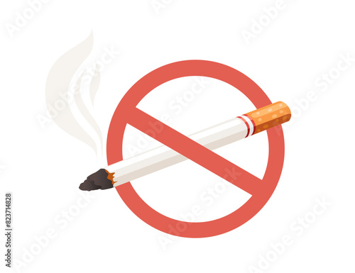 Burning nicotine cigarette with not allowed sign vector illustration isolated on white background