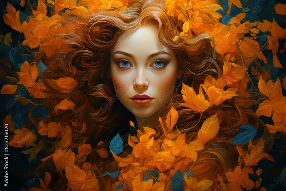 Captivating digital illustration of a woman surrounded by vibrant autumn leaves Captivating digital illustration of a woman surrounded by vibrant autumn leaves