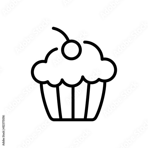 Cupcake with whipped cream and cherry outline icon. Editable stroke. Birthday, holiday symbol 