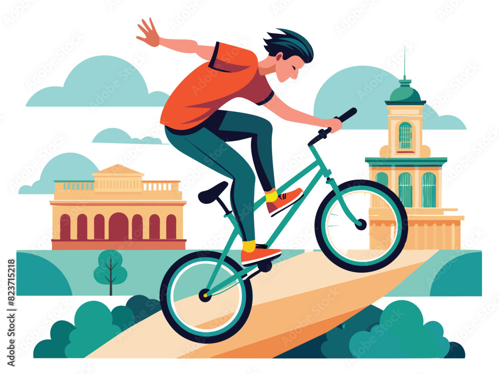 Fototapeta premium world bicycle day Young boy and girl doing mid-air stunt on BMX bike against sky, Hero's Square and Eiffel tower Budapest, Hungary