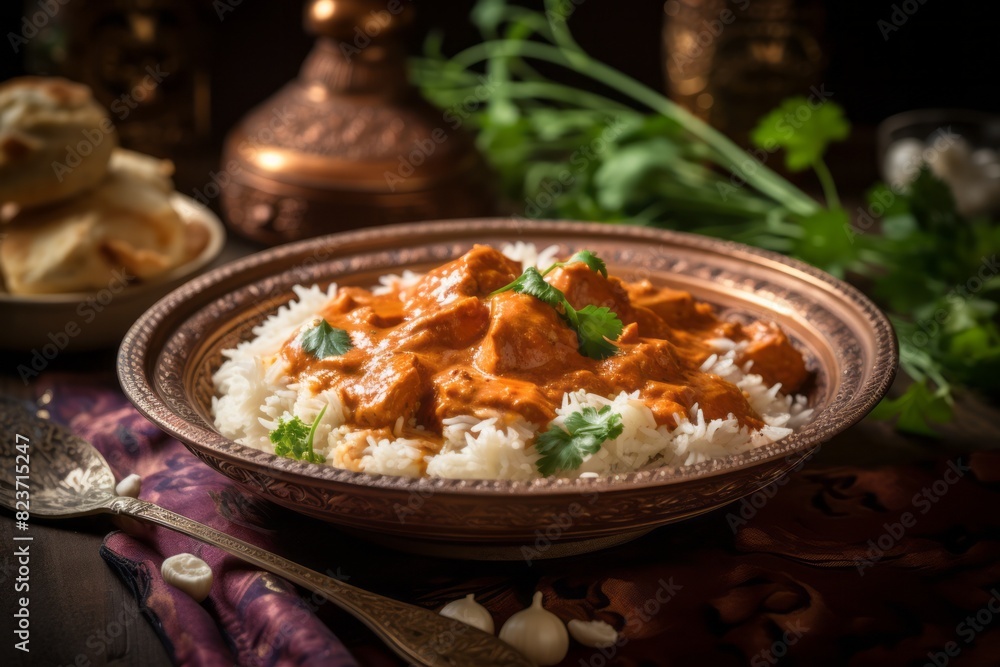 Exquisite chicken tikka masala on a rustic plate against a vintage wallpaper background