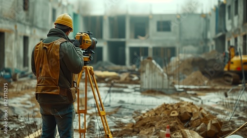 A construction worker is seen standing confidently in front of a camera, wearing a hard hat and safety gear.  © fotofabrika