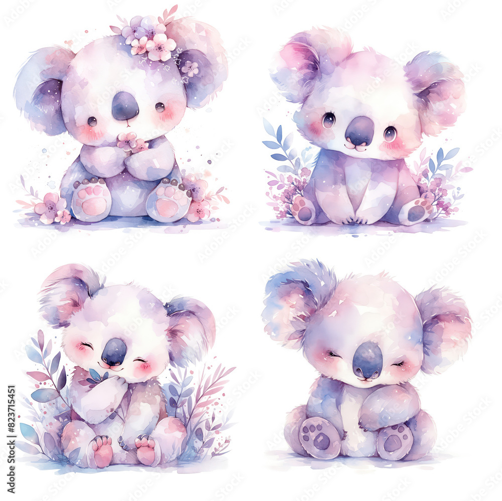 watercolor set of baby koalas isolated white background for kids ...