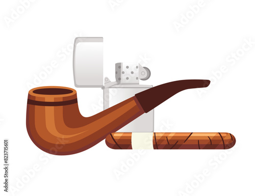 Wooden classic smoke pipe with cigar and lighter vector illustration isolated on white background