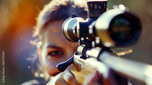 Woman Aiming Rifle at Target photo