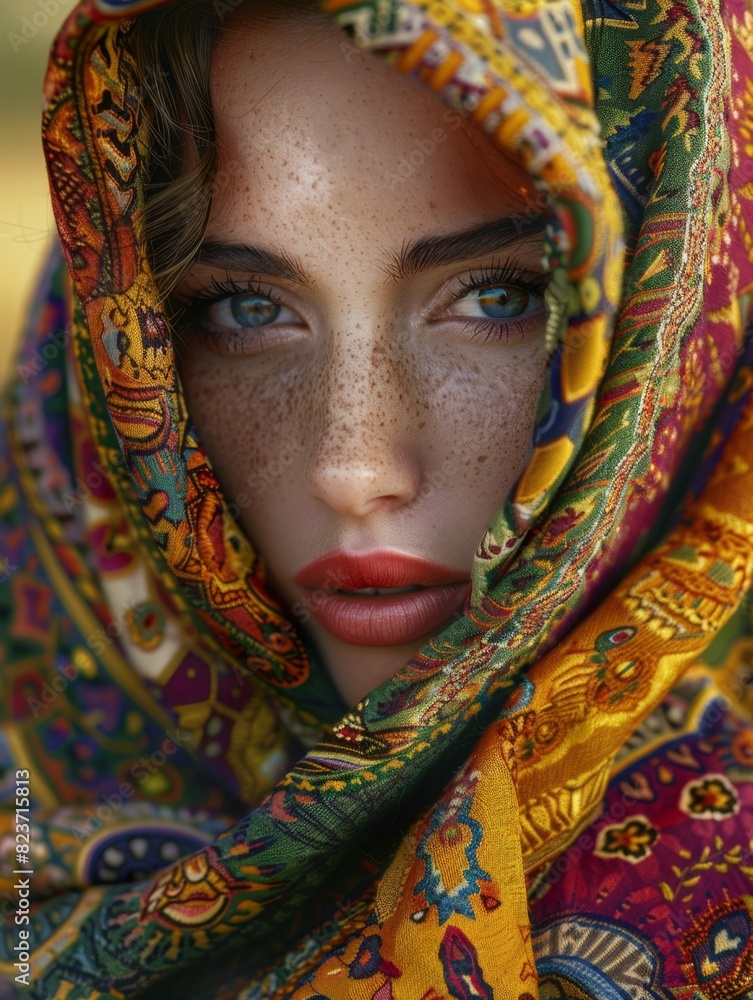 A close-up portrait of a woman with striking features, wrapped in a colorful, intricately patterned scarf. The scarf covers her head, framing her face and highlighting her deep, expressive eyes. A close-up portrait of a woman with striking features, wrapped in a colorful, intricately patterned scarf. The scarf covers her head, framing her face and highlighting her deep, expressive eyes.