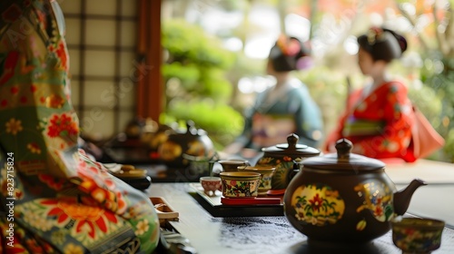 A traditional Japanese tea ceremony with elegant tea sets and kimono-clad participants..., generative AI
