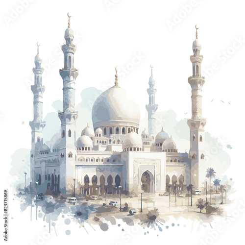 Very Beautiful highly detailed white Mosque watercolor vector illustration isolated on white background