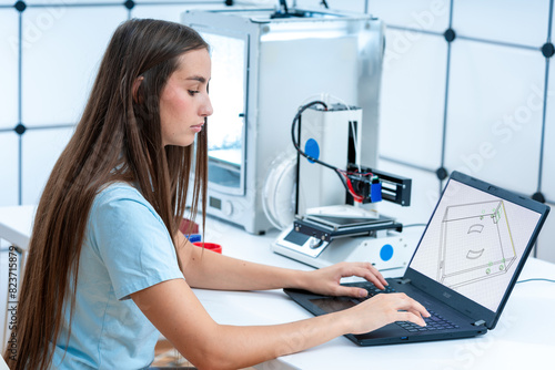 young woman working on a 3D printer in a design office