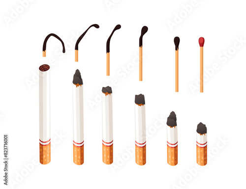 Nicotine cigarette stages with matches vector illustration isolated on white background
