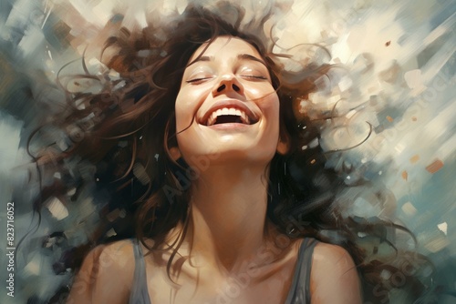 Digital painting of a radiant woman smiling broadly with flowing hair, conveying pure joy photo