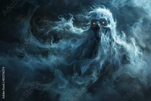 Ghost face in dark fog or cold space, high quality, high resolution photo