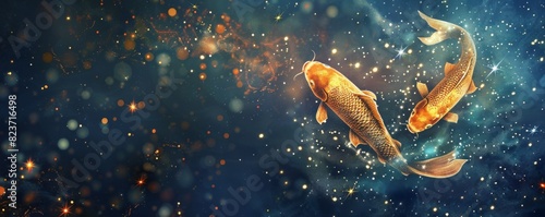 Pisces zodiac sign represented by two golden fish swimming in a starry galaxy photo