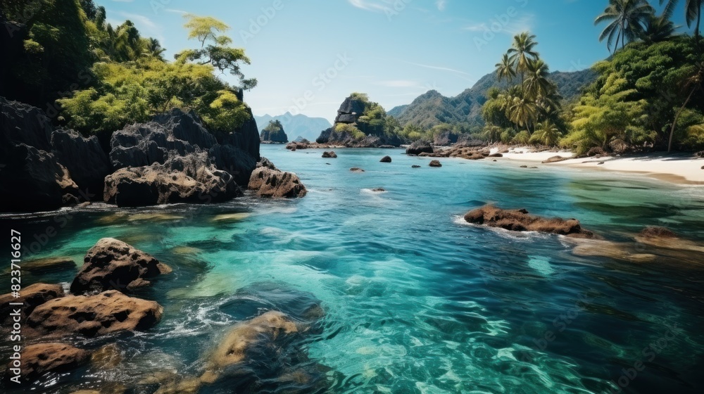 A pristine tropical beach with azure waters, surrounded by rocky terrain and lush greenery under clear skies A pristine tropical beach with azure waters, surrounded by rocky terrain and lush greenery under clear skies